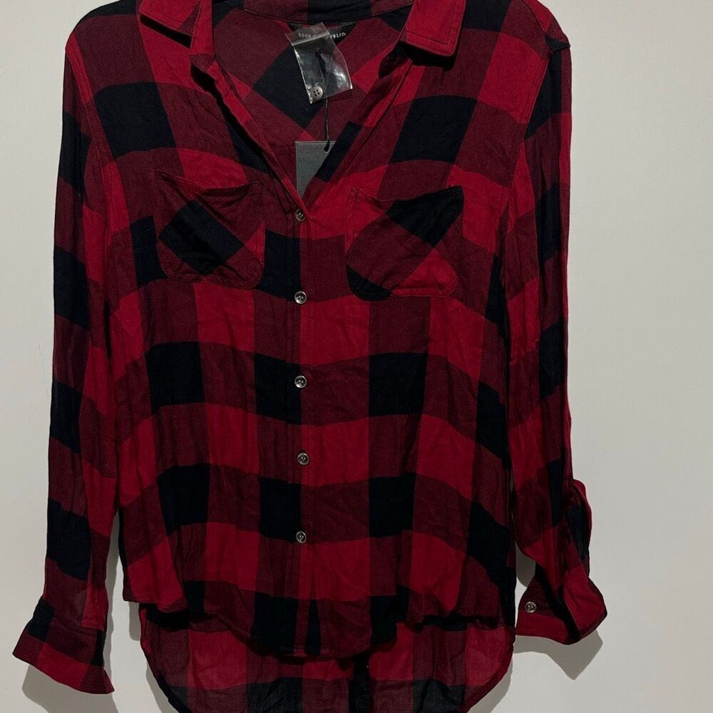 Rock & Republic Women's Red Black Buffalo Plaid Button Up Flannel Shirt‎ XS NWT
